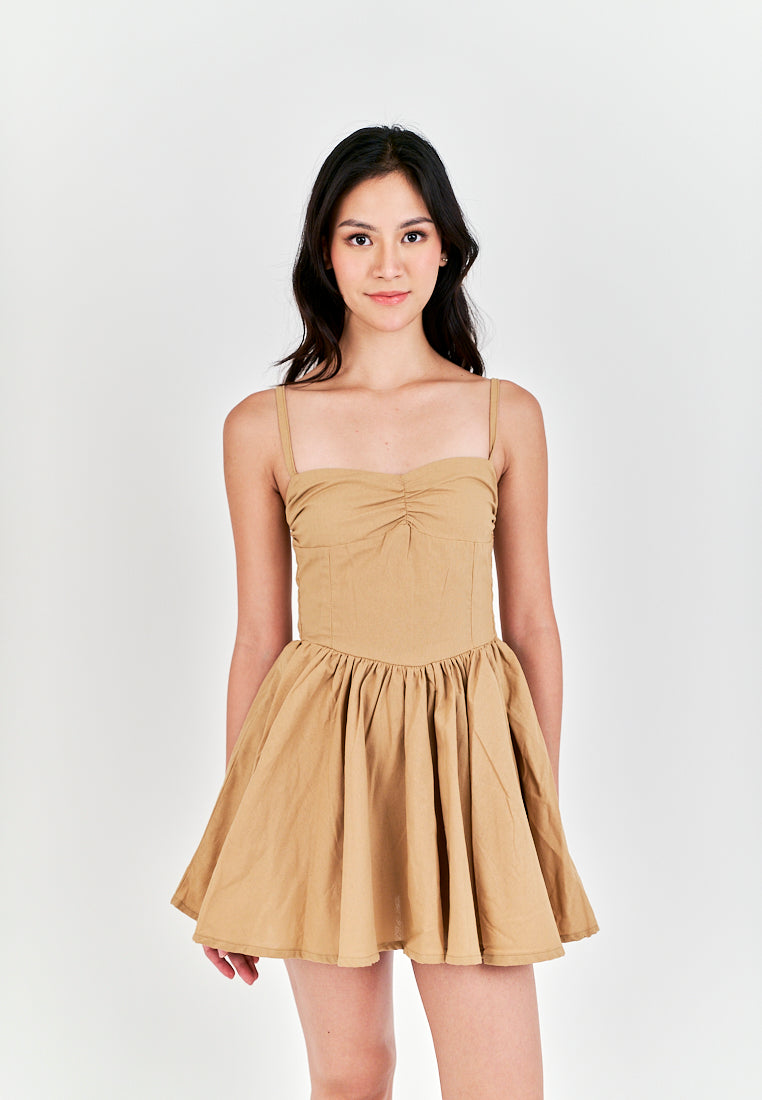Arrietty Light Brown Sweetheart Neckline Sleeveless Smocked Zipper Back Mini Dress