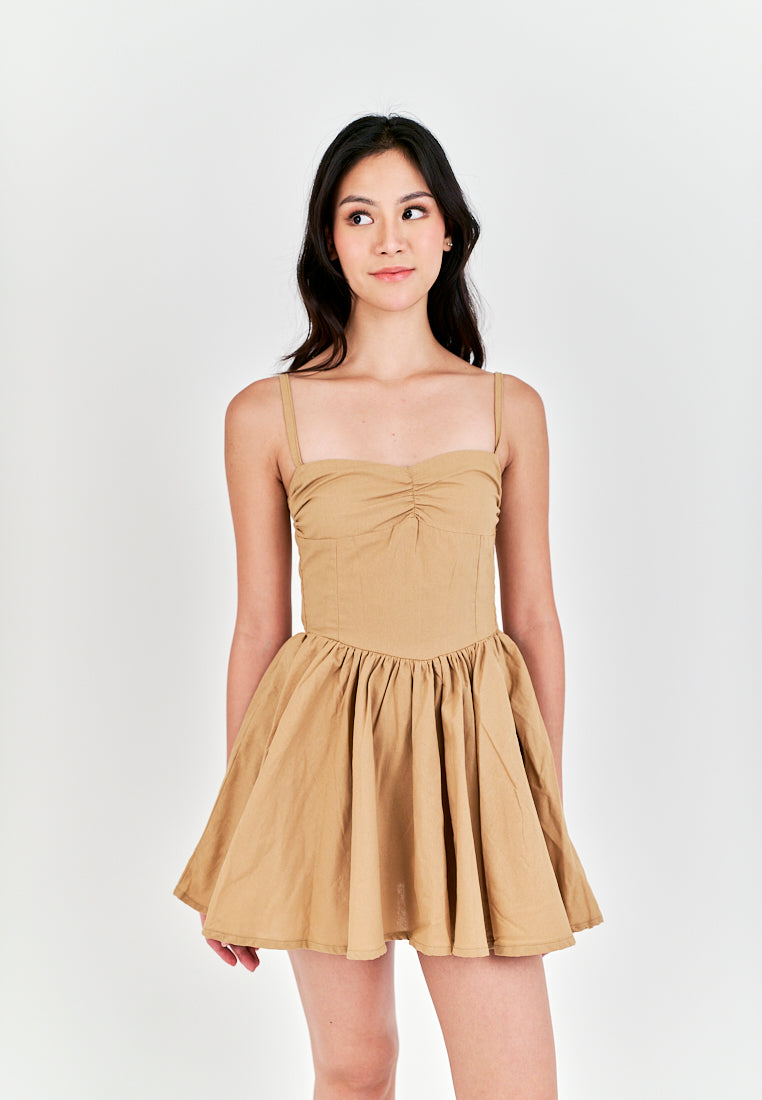 Arrietty Light Brown Sweetheart Neckline Sleeveless Smocked Zipper Back Mini Dress