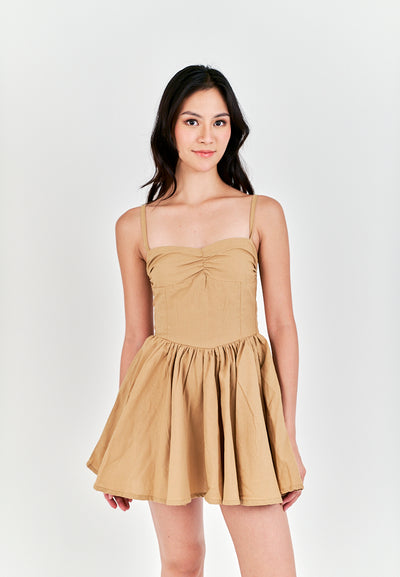 Arrietty Light Brown Sweetheart Neckline Sleeveless Smocked Zipper Back Mini Dress