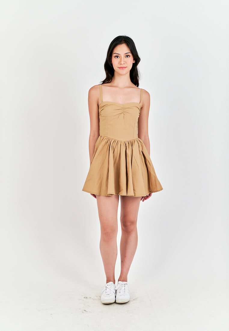 Arrietty Light Brown Sweetheart Neckline Sleeveless Smocked Zipper Back Mini Dress