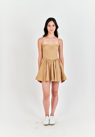Arrietty Light Brown Sweetheart Neckline Sleeveless Smocked Zipper Back Mini Dress