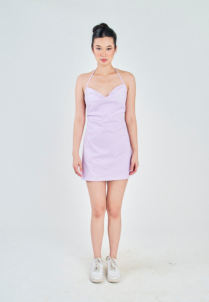 Marnie Purple Linen Sleeveless Halter Self Tie Strap Open Back Mini Dress