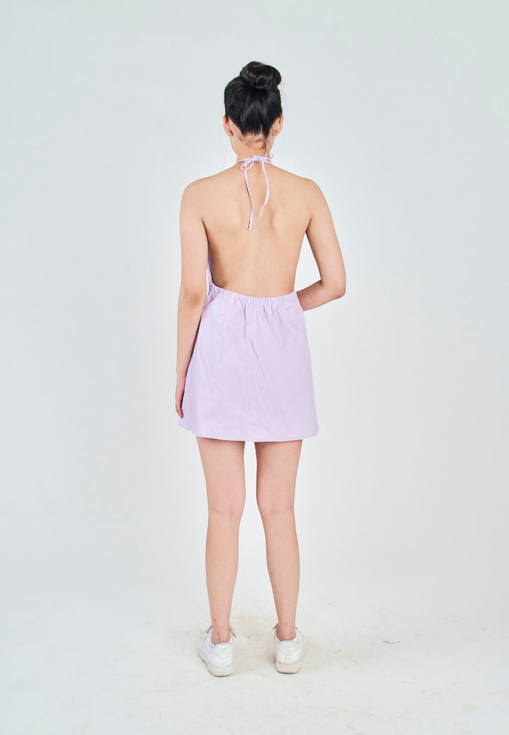 Marnie Purple Linen Sleeveless Halter Self Tie Strap Open Back Mini Dress