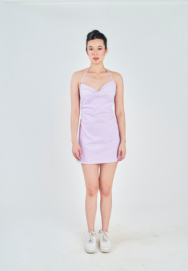Marnie Purple Linen Sleeveless Halter Self Tie Strap Open Back Mini Dress