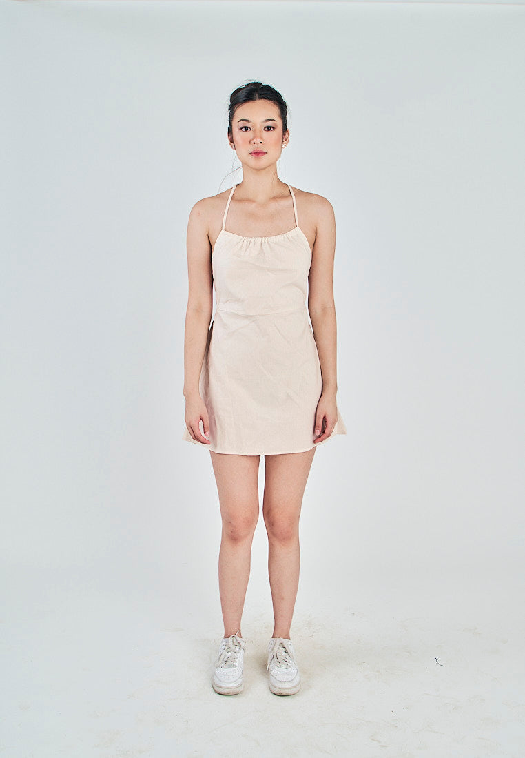Marnie Off White Linen Sleeveless Halter Self Tie Strap Open Back Mini Dress