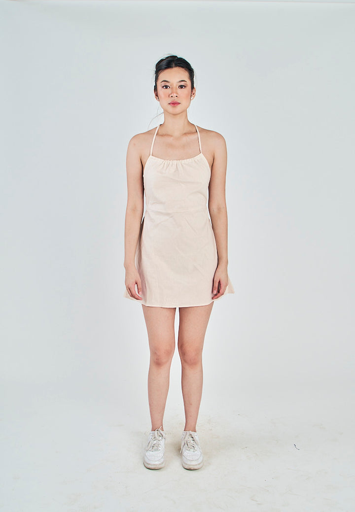 Marnie Off White Linen Sleeveless Halter Self Tie Strap Open Back Mini Dress