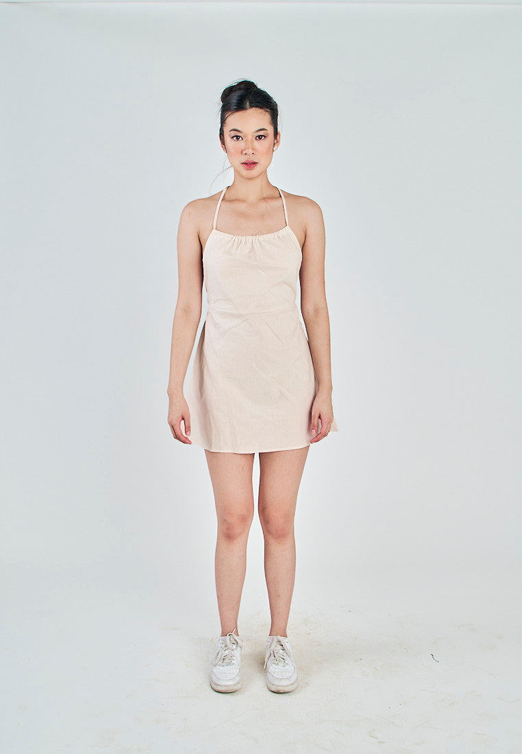 Marnie Off White Linen Sleeveless Halter Self Tie Strap Open Back Mini Dress
