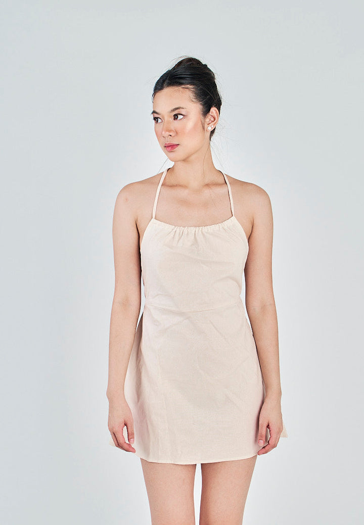 Marnie Off White Linen Sleeveless Halter Self Tie Strap Open Back Mini Dress