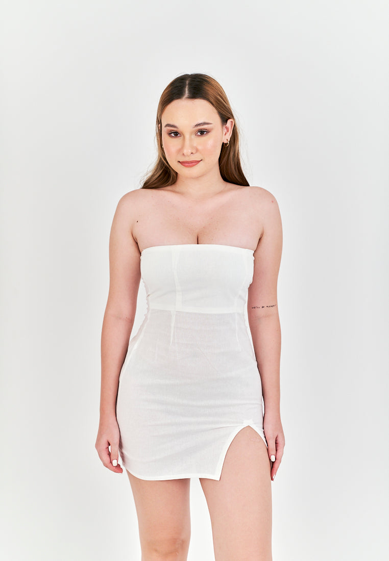 Rikako White Linen Zipper Back Thigh Slit Lined Tube Mini Dress