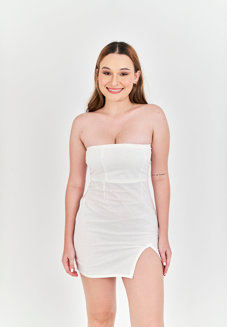 Rikako White Linen Zipper Back Thigh Slit Lined Tube Mini Dress