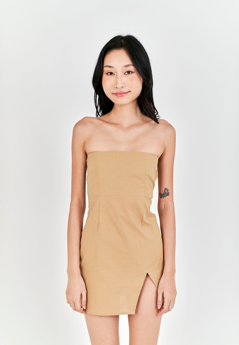 Rikako Light Brown Linen Zipper Back Thigh Slit Lined Tube Mini Dress