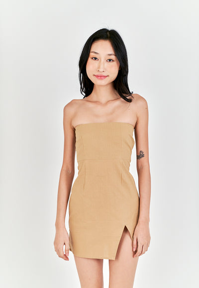 Rikako Light Brown Linen Zipper Back Thigh Slit Lined Tube Mini Dress