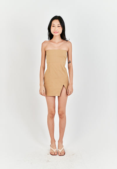 Rikako Light Brown Linen Zipper Back Thigh Slit Lined Tube Mini Dress