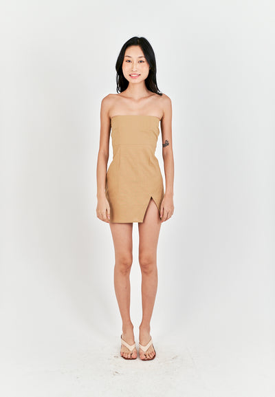 Rikako Light Brown Linen Zipper Back Thigh Slit Lined Tube Mini Dress