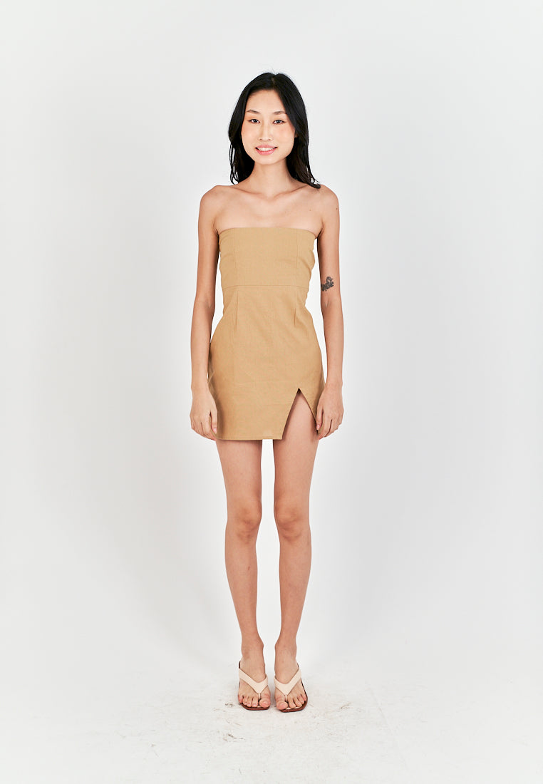 Rikako Light Brown Linen Zipper Back Thigh Slit Lined Tube Mini Dress