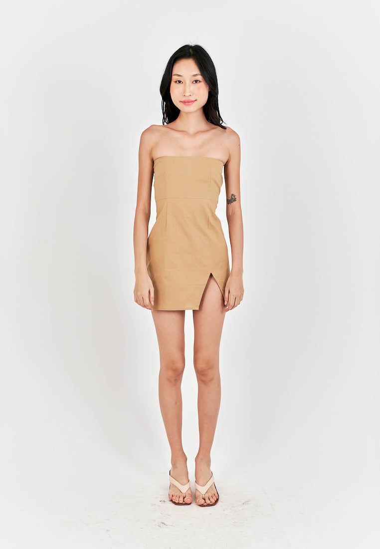 Rikako Light Brown Linen Zipper Back Thigh Slit Lined Tube Mini Dress