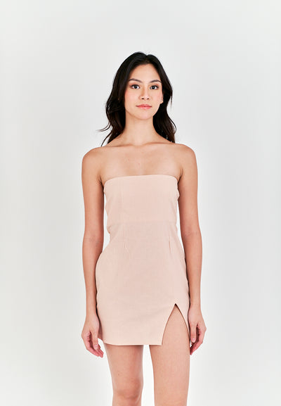 Rikako Pink Linen Zipper Back Thigh Slit Lined Tube Mini Dress