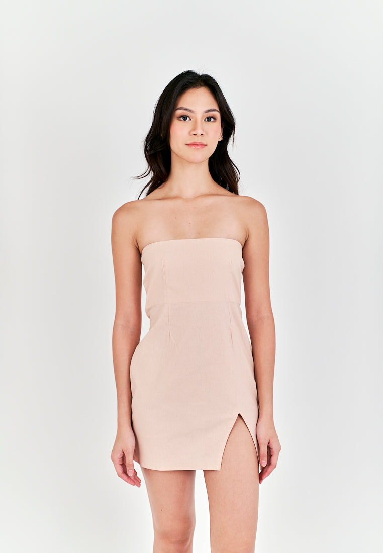 Rikako Pink Linen Zipper Back Thigh Slit Lined Tube Mini Dress