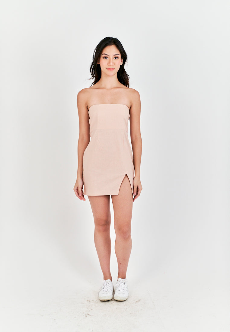 Rikako Pink Linen Zipper Back Thigh Slit Lined Tube Mini Dress