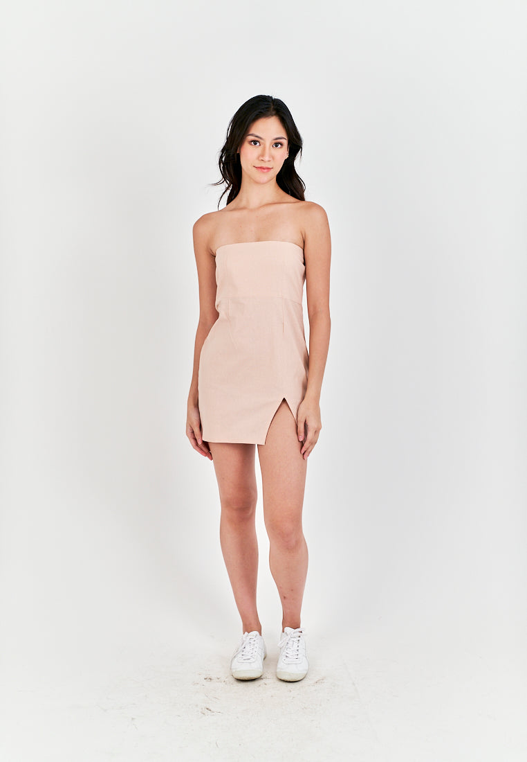 Rikako Pink Linen Zipper Back Thigh Slit Lined Tube Mini Dress