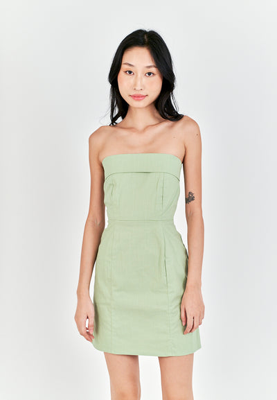 Ashitaka Sage Linen Folded Neckline Zipper Back Lined Tube Mini Dress
