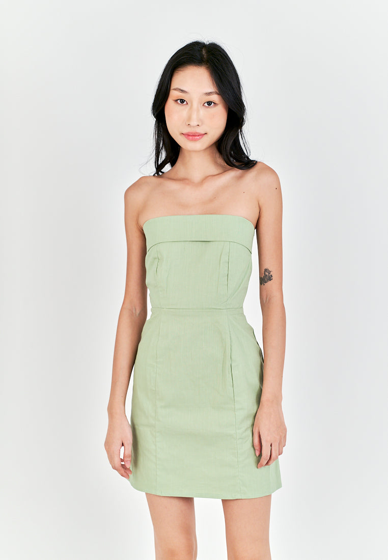 Ashitaka Sage Linen Folded Neckline Zipper Back Lined Tube Mini Dress