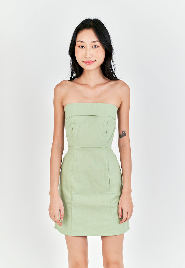 Ashitaka Sage Linen Folded Neckline Zipper Back Lined Tube Mini Dress