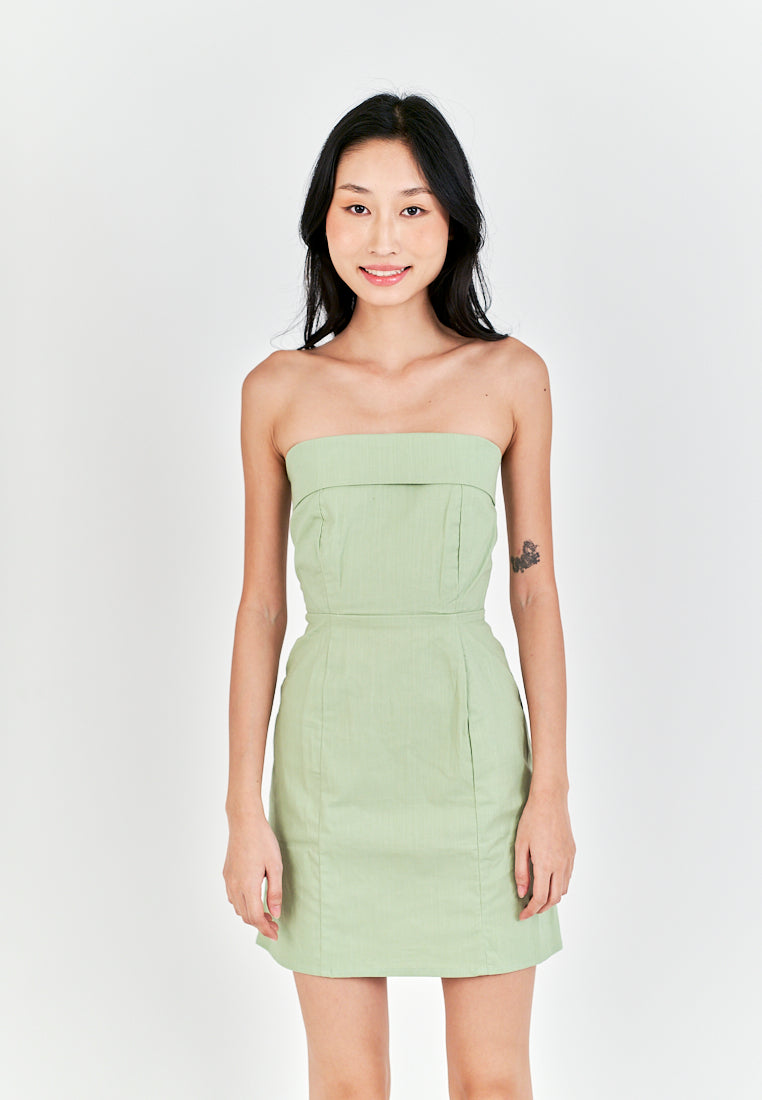 Ashitaka Sage Linen Folded Neckline Zipper Back Lined Tube Mini Dress
