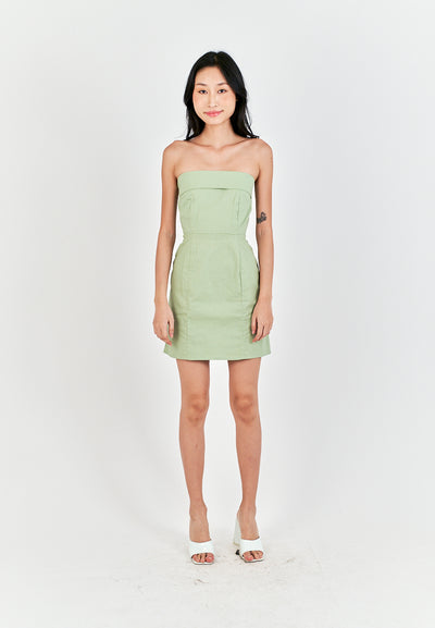 Ashitaka Sage Linen Folded Neckline Zipper Back Lined Tube Mini Dress