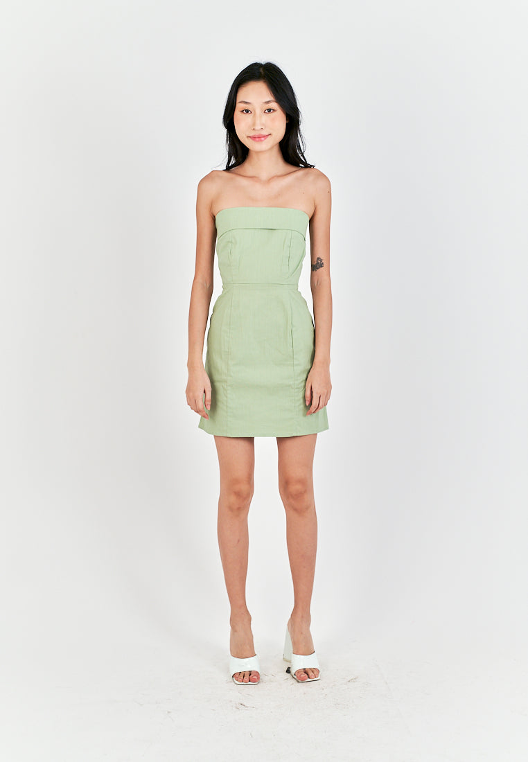 Ashitaka Sage Linen Folded Neckline Zipper Back Lined Tube Mini Dress