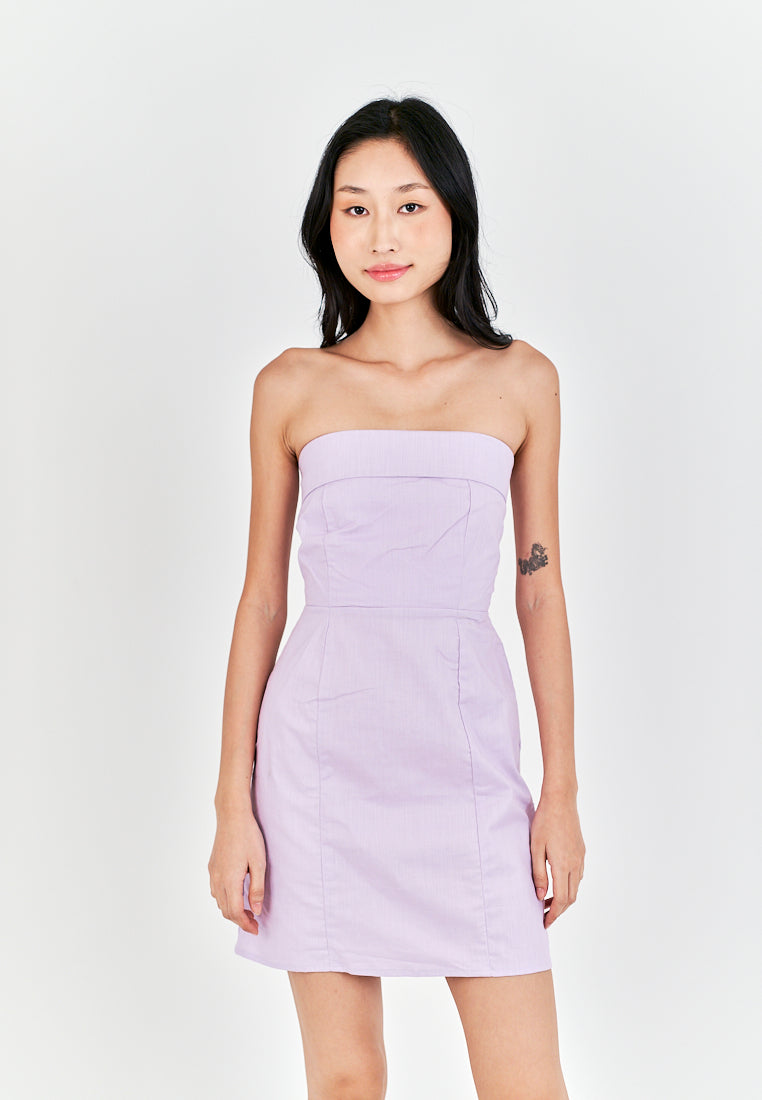 Ashitaka Purple Linen Folded Neckline Zipper Back Lined Tube Mini Dress