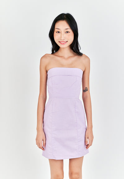 Ashitaka Purple Linen Folded Neckline Zipper Back Lined Tube Mini Dress