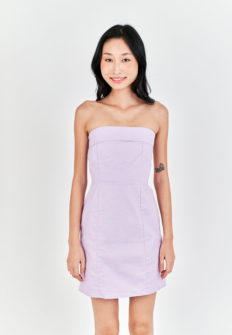 Ashitaka Purple Linen Folded Neckline Zipper Back Lined Tube Mini Dress