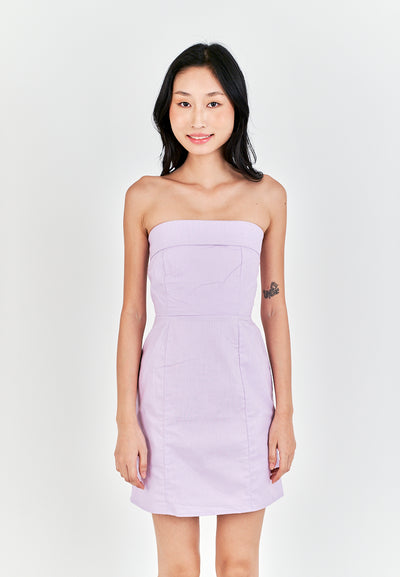 Ashitaka Purple Linen Folded Neckline Zipper Back Lined Tube Mini Dress