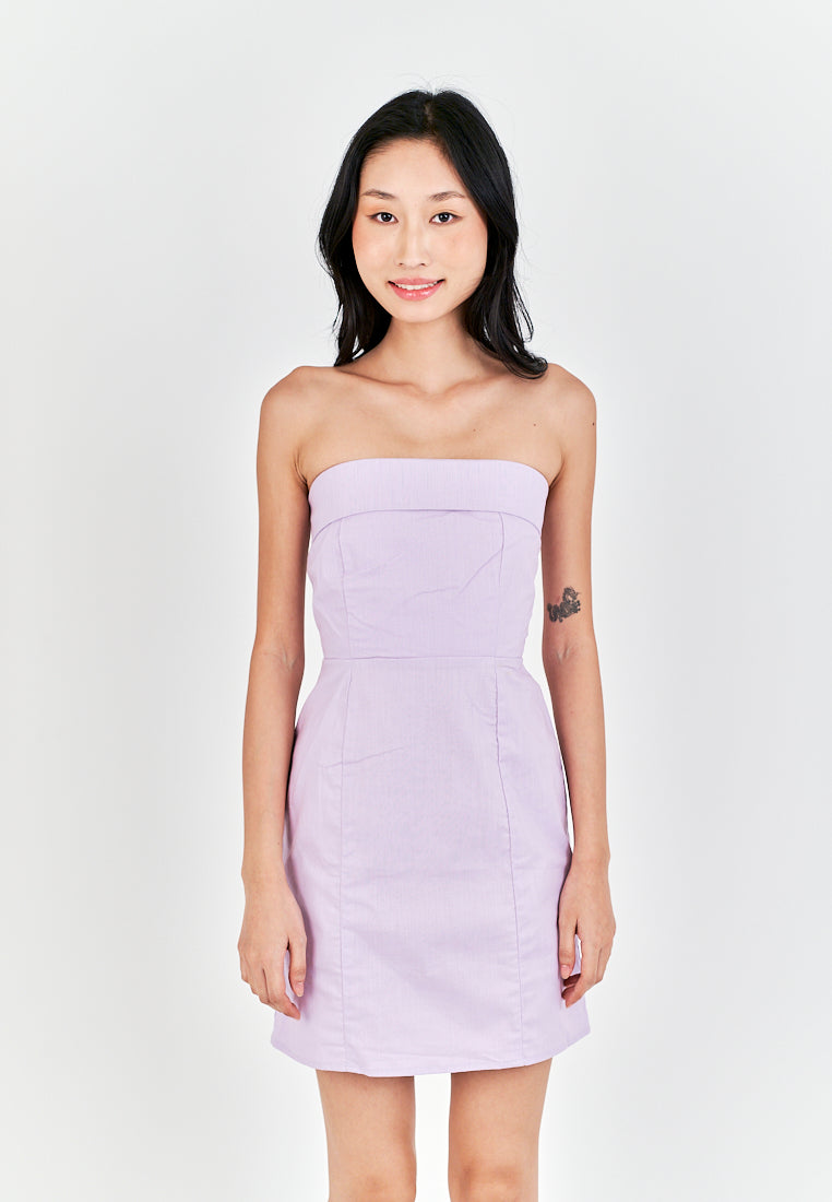 Ashitaka Purple Linen Folded Neckline Zipper Back Lined Tube Mini Dress