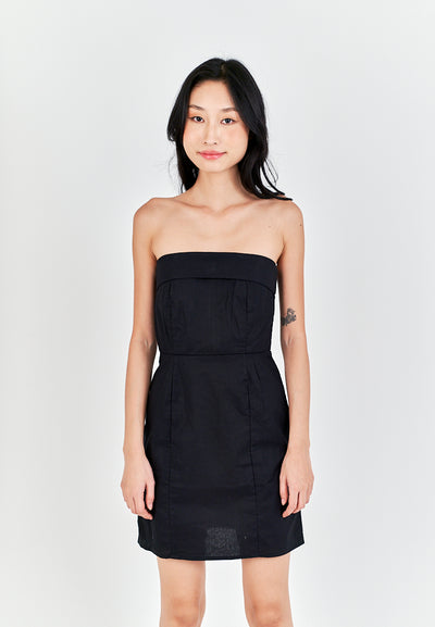 Ashitaka Black Linen Folded Neckline Zipper Back Lined Tube Mini Dress