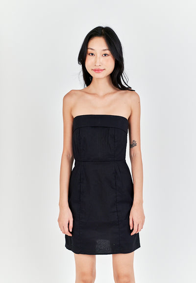 Ashitaka Black Linen Folded Neckline Zipper Back Lined Tube Mini Dress