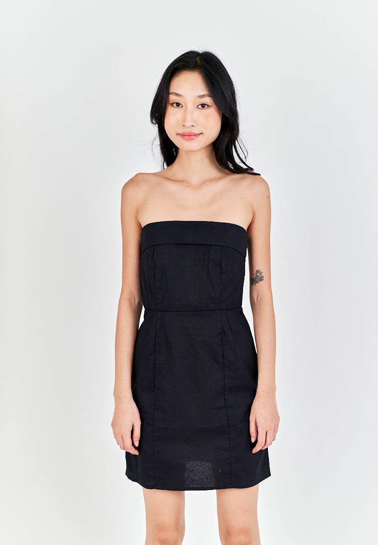 Ashitaka Black Linen Folded Neckline Zipper Back Lined Tube Mini Dress