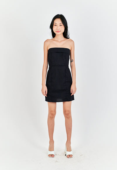 Ashitaka Black Linen Folded Neckline Zipper Back Lined Tube Mini Dress