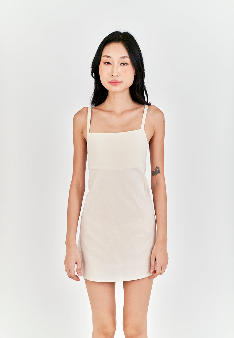 Chihiro Off White Linen Sleeveless Zipper Back Mini Dress