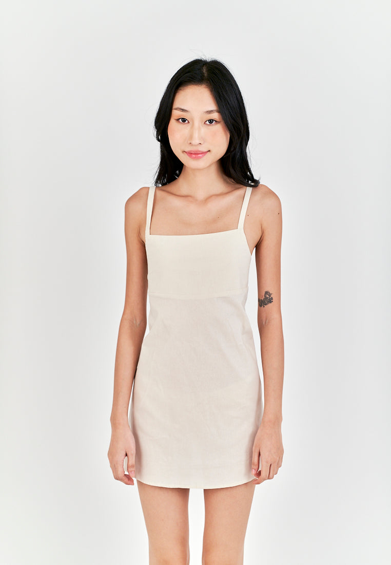Chihiro Off White Linen Sleeveless Zipper Back Mini Dress