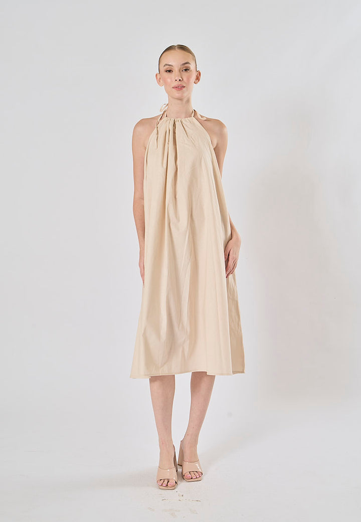 Shizuku Off White Linen Sleeveless Halter Self Tie Open Back Midi Dress