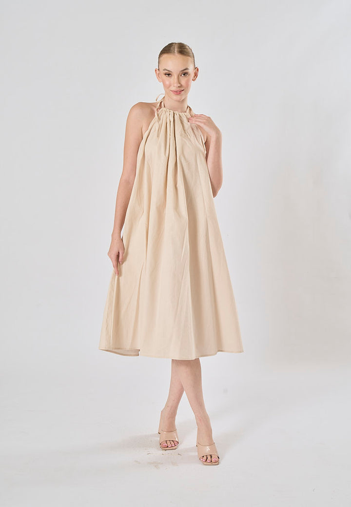 Shizuku Off White Linen Sleeveless Halter Self Tie Open Back Midi Dress