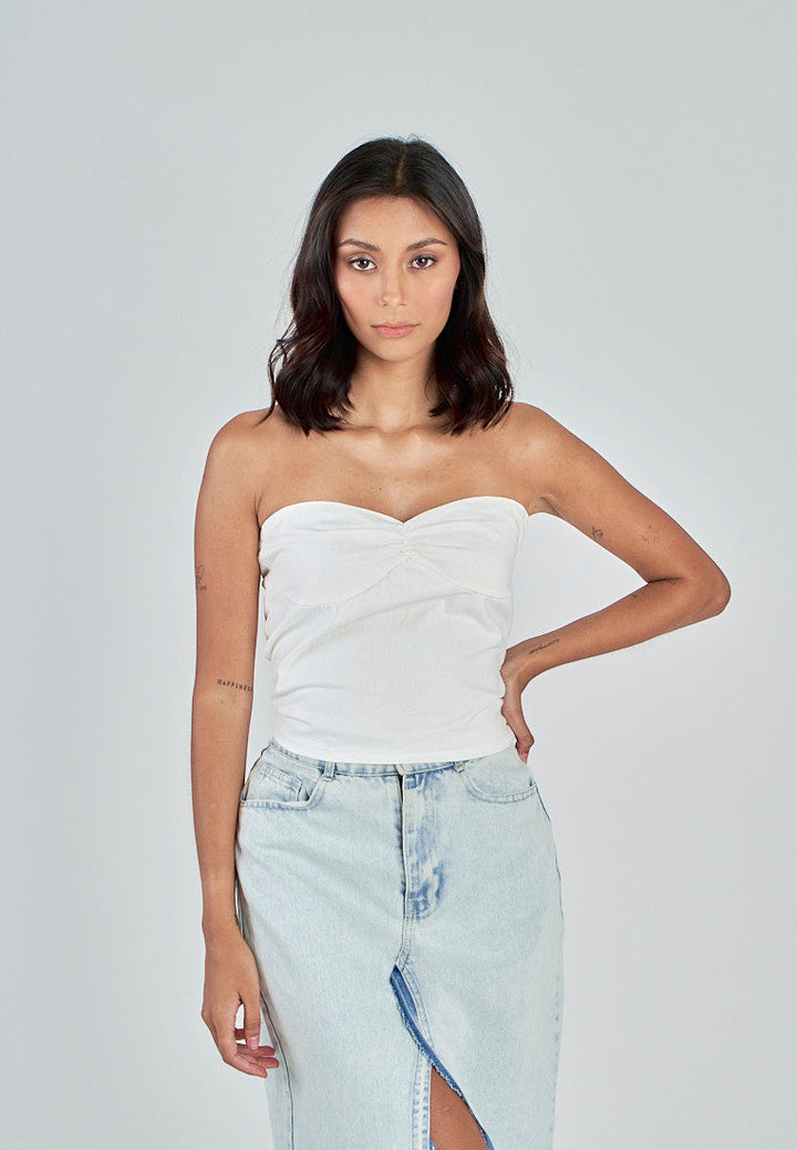 Miri White Linen Sweetheart Neckline Smock Back Side Zipper Tube Top