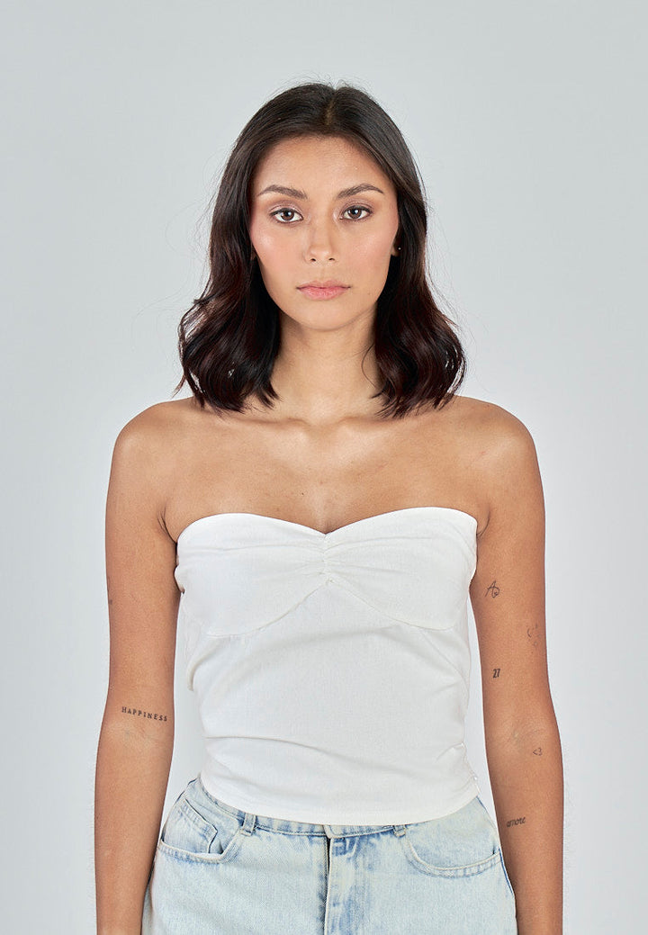 Miri White Linen Sweetheart Neckline Smock Back Side Zipper Tube Top