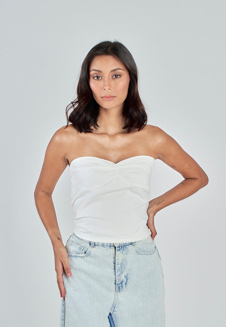 Miri White Linen Sweetheart Neckline Smock Back Side Zipper Tube Top