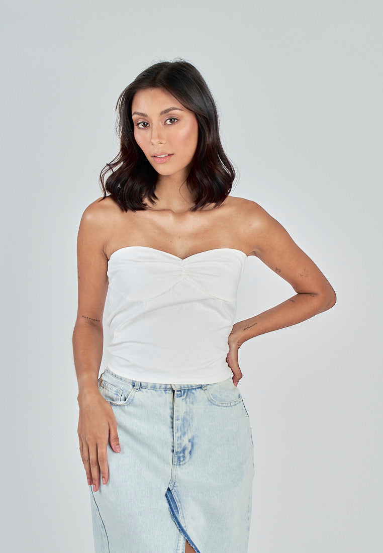 Miri White Linen Sweetheart Neckline Smock Back Side Zipper Tube Top