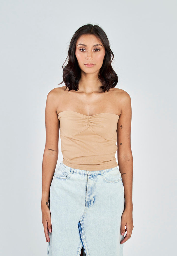 Miri Light Brown Linen Sweetheart Neckline Smock Back Side Zipper Tube Top