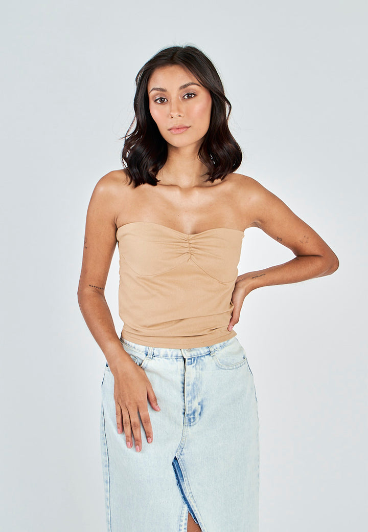 Miri Light Brown Linen Sweetheart Neckline Smock Back Side Zipper Tube Top