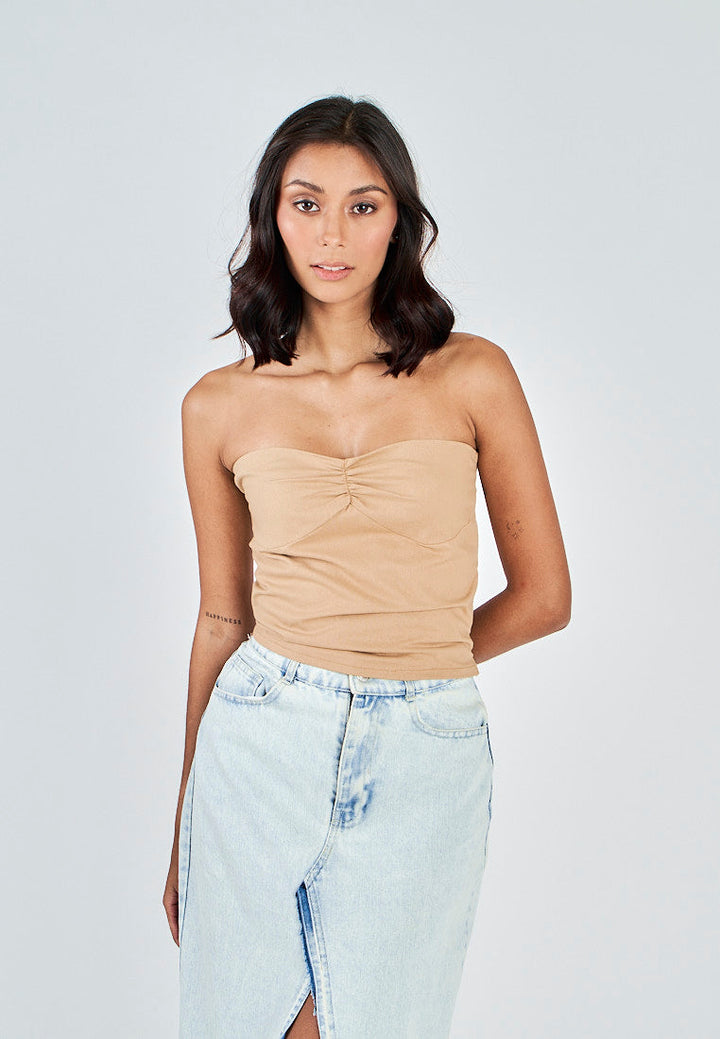 Miri Light Brown Linen Sweetheart Neckline Smock Back Side Zipper Tube Top